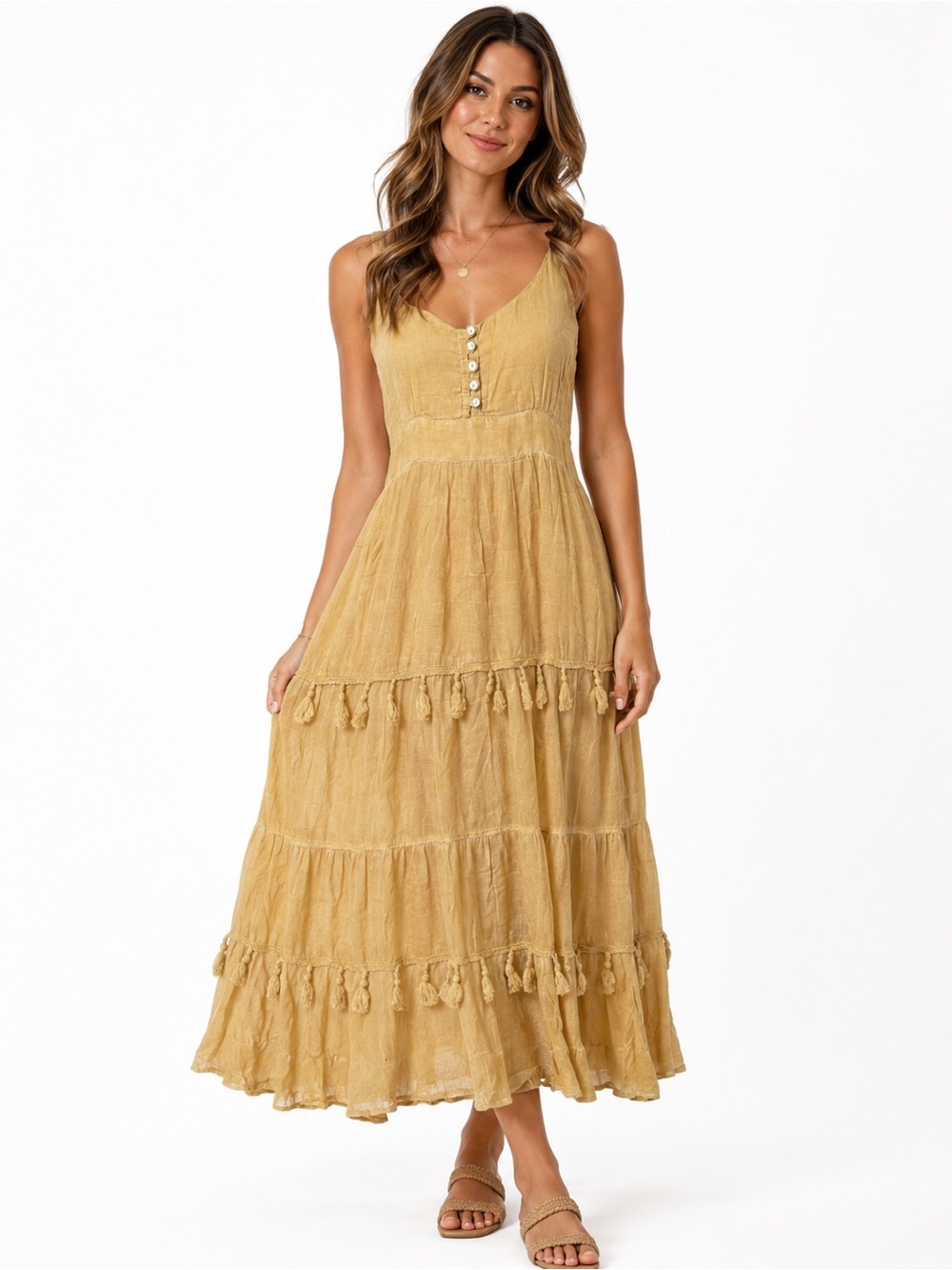 Washed Mustard Maxi Dress with Tassel Tiers